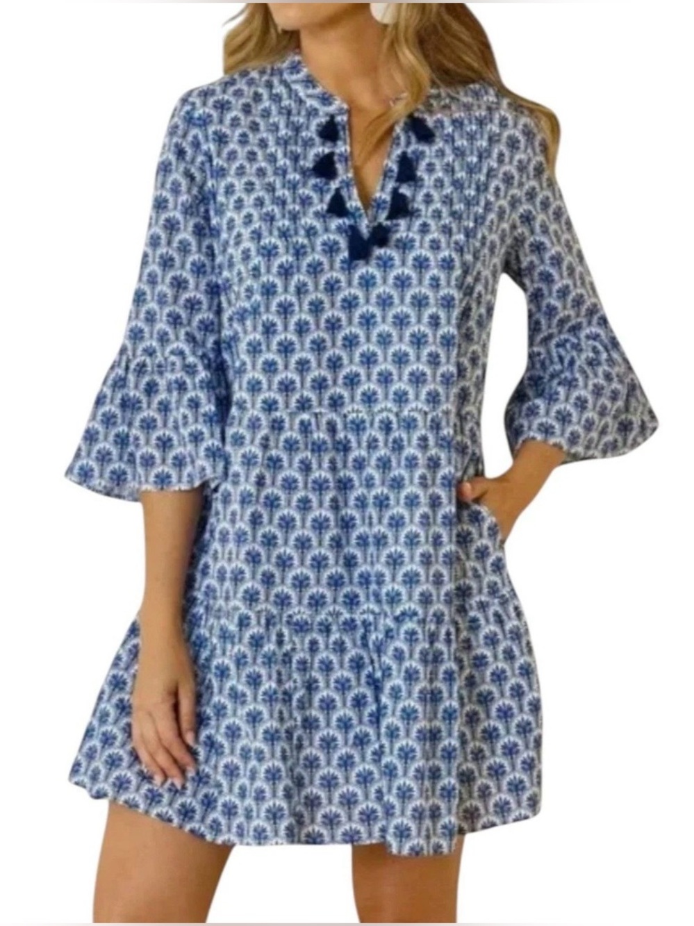 TOMMY BAHAMA Diamond Clip Jacquard Tiered Mini Shift Dress Tassels Sz XS Beachy